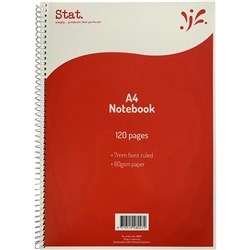 STAT NOTEBOOK A4 7MM RULED 60GSM SPIRAL SIDE BOUND 120 PAGE RED