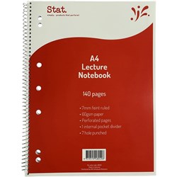 STAT LECTURE NOTEBOOK A4 7MM RULED 60GSM SPIRAL SIDE BOUND 140 PAGE RED