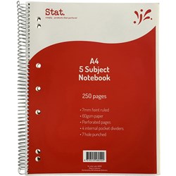 STAT 5 SUBJECT NOTEBOOK A4 7MM RULED 60GSM SPIRAL SIDE BOUND 250 PAGE RED
