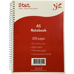 STAT NOTEBOOK A5 7MM RULED 60GSM SPIRAL SIDE BOUND 200 PAGE RED