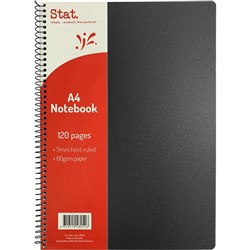 STAT NOTEBOOK A4 7MM RULED 60GSM SPIRAL SIDE BOUND 120 120 PAGE POLY COVER BLACK