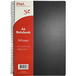 STAT NOTEBOOK A4 7MM RULED 60GSM SPIRAL SIDE BOUND 240 PAGE POLY COVER BLACK