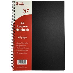 STAT LECTURE NOTEBOOK A4 7MM RULED 60GSM SPIRAL SIDE BOUND 140 PAGE POLY COVER BLACK