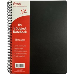 STAT 5 SUBJECT NOTEBOOK A4 7MM RULED 60GSM SPIRAL SIDE BOUND 250 PAGE POLY COVER BLACK