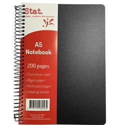 STAT NOTEBOOK A5 8MM RULED 60GSM SPIRAL SIDE BOUND 200 PAGE POLY COVER BLACK