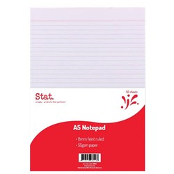 STAT NOTEPAD A5 7MM RULED 55GSM 50SHEET WHITE