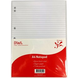 STAT NOTEPAD A4 8MM RULED 55GSM 7 HOLE PUNCHED LECTURE 50 SHEET WHITE
