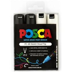 Uni Posca 8M Black And White Chisel 8mm Pack of 4