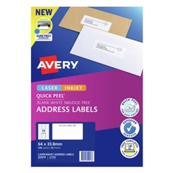 AVERY SURE FEED LABELS Laser 64 x 33.8mm White Pack of 240