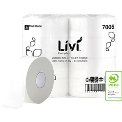 LIVI BASICS JUMBO ROLL 300MTR 2 PLY 8 ROLLS toilet roll for mini jumbo dis