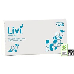 LIVI ESSENTIALS HAND TOWEL ULTRASLIM 2 PLY 150 SHEETS BOX OF 16