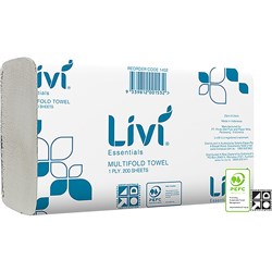 LIVI ESSENTIALS HAND TOWEL SLIMFOLD 1 PLY 200 SHEETS BOX OF 20 230 X 230   1402