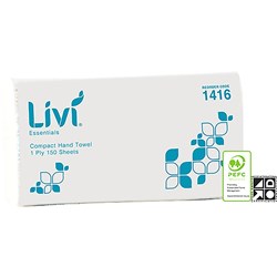 LIVI ESSENTIALS HAND TOWEL COMPACT 1 PLY 150 SHEETS BOX OF 16