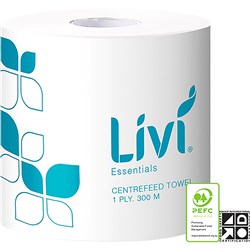 LIVI ESSENTIALS CENTREFEED ROLL TOWEL 1 PLY 300M CTN OF 4