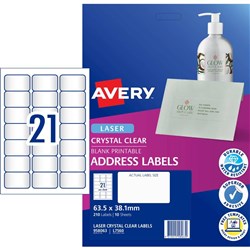 Avery Crystal Clear Laser Address Label 21UP 63.5x38.1mm 525 Labels 10 Sheets