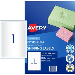 AVERY CRYSTAL CLEAR L7567-10 1UP LASER 199.6x289.1m Label 10 SHEET