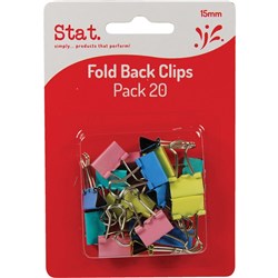 FOLDBACK CLIPS STAT 15MM ASSORTED COLOURS PACK 20