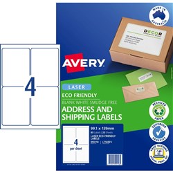Avery Eco Friendly 4UP LABEL 80 Labels Laser Printer L7169EV White 99.1 x 139 mm,