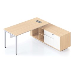 Rapidline Casa Executive Desk + RHS Cabinet + Panel Profile Leg 2000Wx1800Dx748mmH Oak/Wht