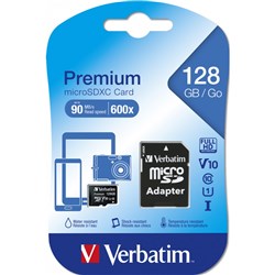 Verbatim Premium Micro SDXC Memory Card With Adaptor Class 10 U1 128GB Black
