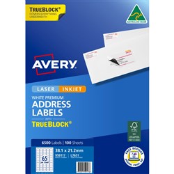 Avery Trueblock Address Labels Laser L7651 38.1 x 21.2mm 65UP 6500 Labels