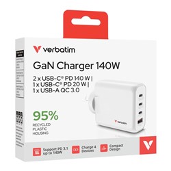 Verbatim 140W GaN 4 Port USB-A And USB-C Wall Charger White