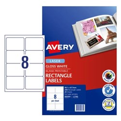 AVERY GLOSSY WHITE LABEL L7765 8UP PACK 25 SHEETS