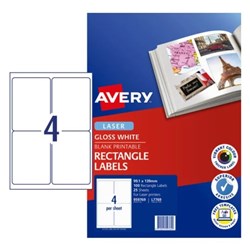 AVERY L7769 COLOUR LASER LABEL 4 SHT 99.1 X 139MM GLOSSY WHITE PKT 25