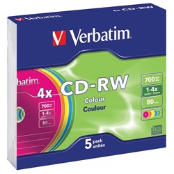 VERBATIM CD-RW 700MB 5PK SLIM CASE COLOUR 2X-4X