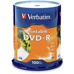 VERBATIM DVD-R 4.7GB WHITE INKJET PRINTABLE 100PK