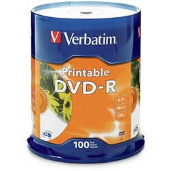 VERBATIM DVD-R 4.7GB WHITE INKJET PRINTABLE 100PK