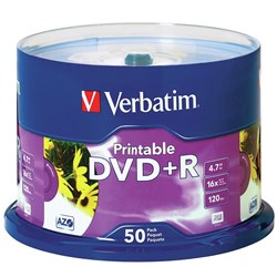VERBATIM DVD+R 4.7GB 16X WHITE  INJET PRINTABLE 50PK