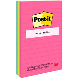 660-3AN POST-IT NOTES Assorted Neon 101mm x 152mm PACK OF 3 Lined