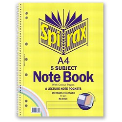 NOTEBOOK SPIRAX 596C 5 SUBJECT A4 125PAGE COLOURED 7 HOLE PUNCHED