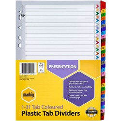 DIVIDERS A4 31 REINF TAB BRD ASST COLOUR DIVIDERS A4 31 REINF TAB BRD