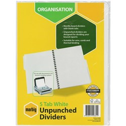 MARBIG UNPUNCHED DIVIDERS 5 Tab A4 White   37305