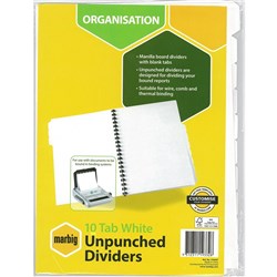 MARBIG UNPUNCHED DIVIDERS 10 TAB A4 WHITE    37405F