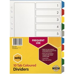 MARBIG COLOURED DIVIDERS A4 PP 10 Tab Multi      35020 Includes 10 Tabs