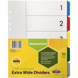 MARBIG EXTRA WIDE DIVIDERS 5 TAB A4 PP 36100