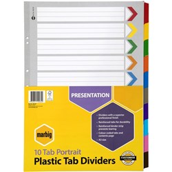 MARBIG COLOURED DIVIDERS A3 1 - 10 Tab Board Portrait Asst