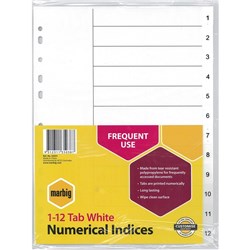 MARBIG POLYPROPYLENE INDICES  NUMERICAL 1 - 12  A4 White