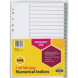 MARBIG POLYPROPYLENE INDICES - NUMERICAL 1-20 A4 Grey