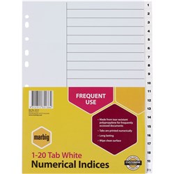 MARBIG POLYPROPYLENE INDICES NUMERICAL 1-20 A4 White  35131