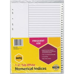 MARBIG POLYPROPYLENE INDICES - NUMERICAL 1-31 A4 White
