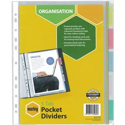A4 5 TAB POCKET DIVIDERS MARBIG COLOURED