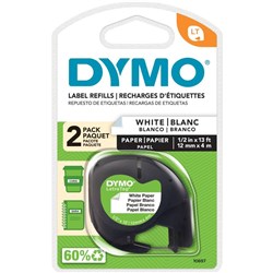 DYMO LETRATAG LABEL CASSETTE PAPER WHITE 12MM X 4M TWIN PK SD92630