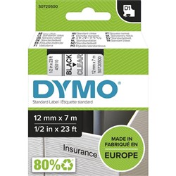 DYMO LABELLING TAPE D1 12MM X 7M SD45010 BLACK ON CLEAR SO720500