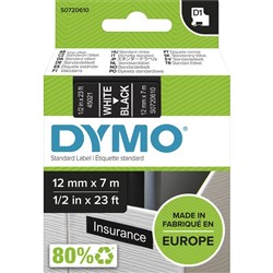 DYMO LABELLING TAPE D1 12MM X 7M SD45021 WHITE ON BLACK