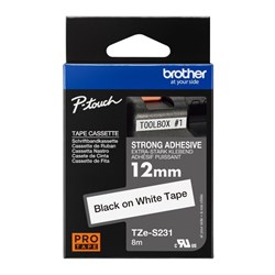 BROTHER TZES231 PTOUCH TAPE 12MM BLACK ON WHITE STRONG ADHESIVE