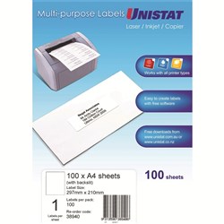 UNISTAT LASER/INKJET LABELS Copier 1/Sht 297x210(Blk Slit)